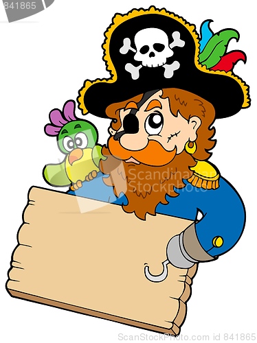 Image of Pirate with parrot holding table