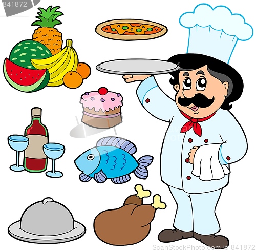 Image of Cartoon chef with various meals