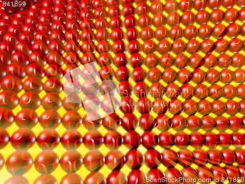 Image of array of red spheres with binary numbers and yellow light rays.
