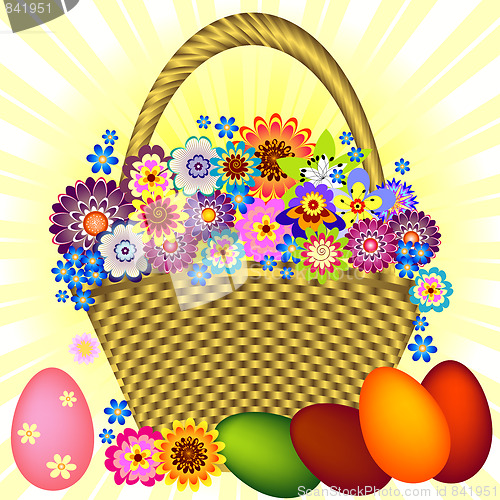 Image of Easter Gold Basket With Flowers And Eggs