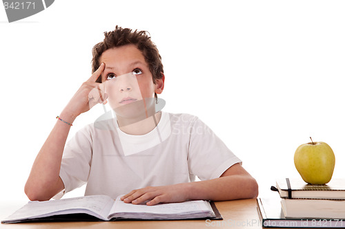 Image of boy studying and thinking, along with one on apple top of some books