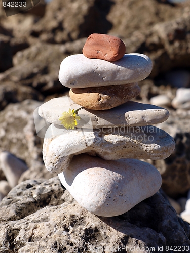 Image of Stone tower with yellow flower