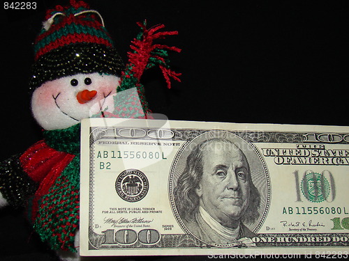 Image of A snowman and his money.