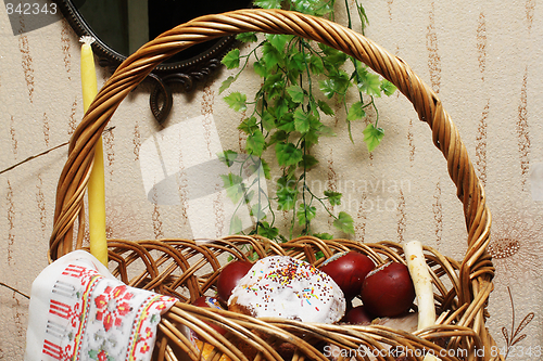 Image of Basket with Easter cake and eggs