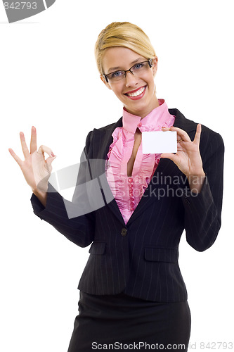 Image of  businesswoman holding card