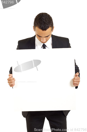 Image of businessman holds blank sign