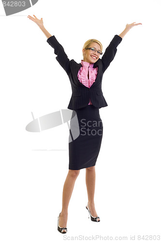 Image of Businesswoman with arms raised