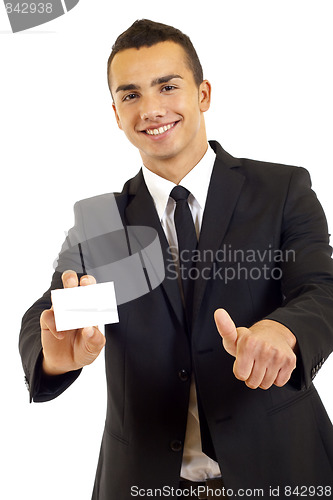 Image of  man showing a blank card