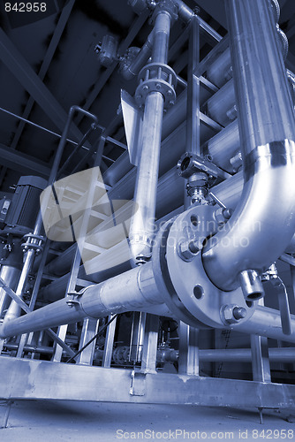 Image of Pipes, tubes, machinery and steam turbine at a power plant