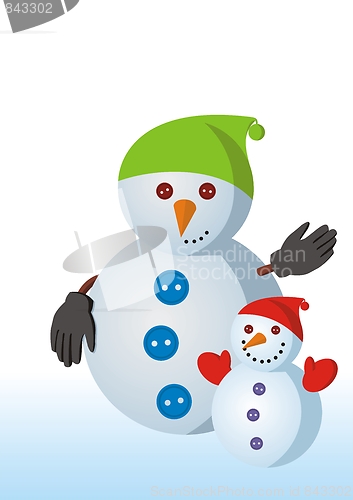 Image of Two snowmen - father an son. Can be used as a card