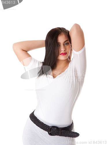 Image of Sexy brunette in white shirt