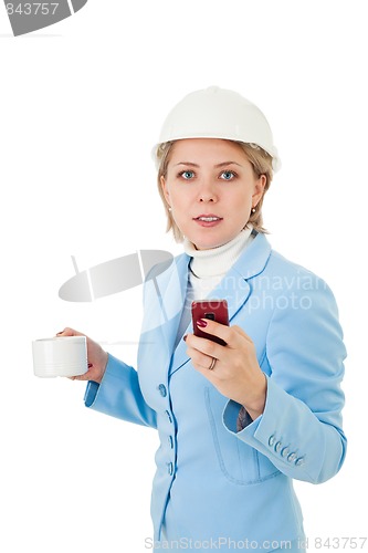 Image of architect woman with phone and cup