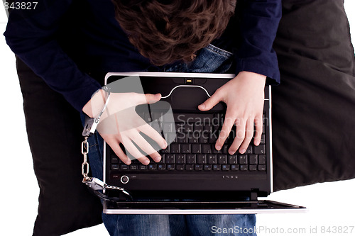 Image of young man chained to the computer