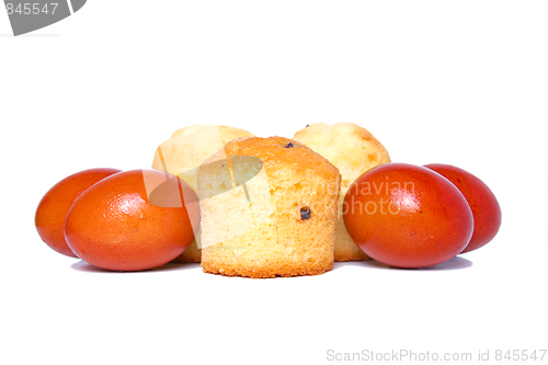 Image of Russian Easter food colored eggs and cakes