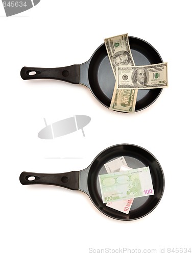 Image of Two  frying pans with dollar and euro bills top view 