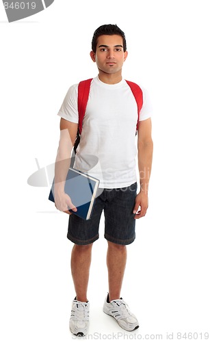 Image of Full length student guy standing on white