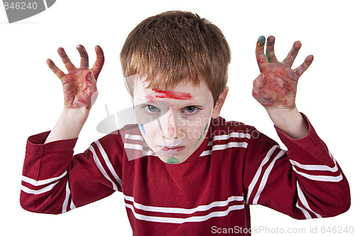 Image of Child simulating threat, with both hands painted red and raised