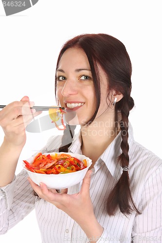 Image of Beautiful woman eating with chopsticks