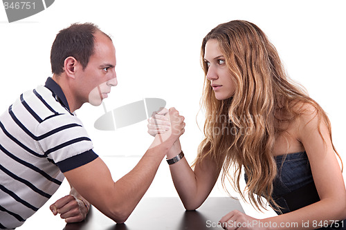 Image of one woman and one man wrestling