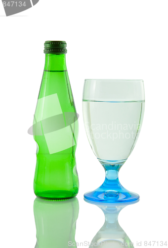 Image of Bottle and glass of mineral water reflected on white background