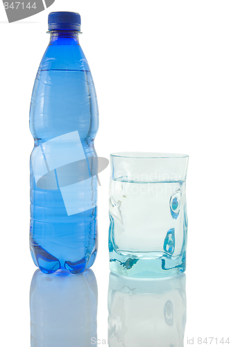 Image of Bottle and glass of mineral water reflected on white background