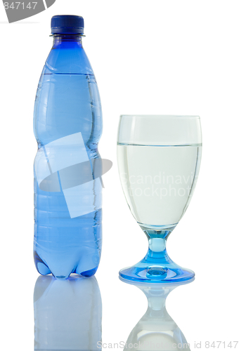 Image of Bottle and glass of mineral water reflected on white background