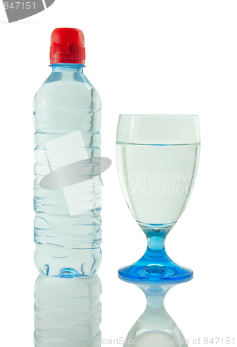 Image of Bottle and glass of mineral water reflected on white background