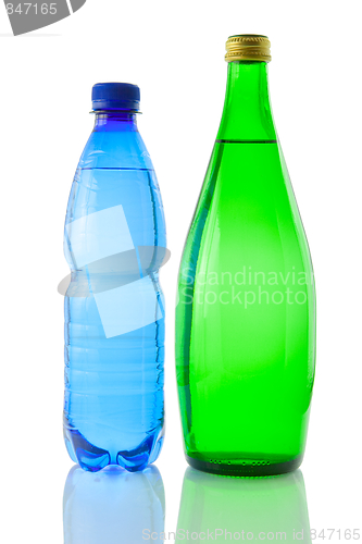 Image of Bottles  of mineral water reflected on white background