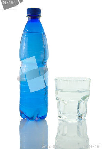 Image of Bottle and glass of mineral water reflected on white background