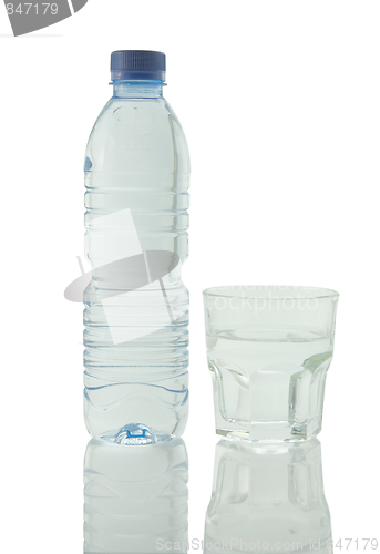 Image of Bottle and glass of mineral water reflected on white background