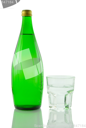 Image of Bottle and glass of mineral water reflected on white background