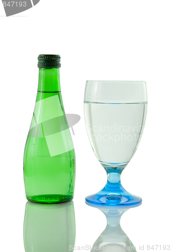 Image of Bottle and glass of mineral water reflected on white background