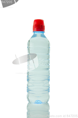 Image of A bottle of mineral water reflected on white background