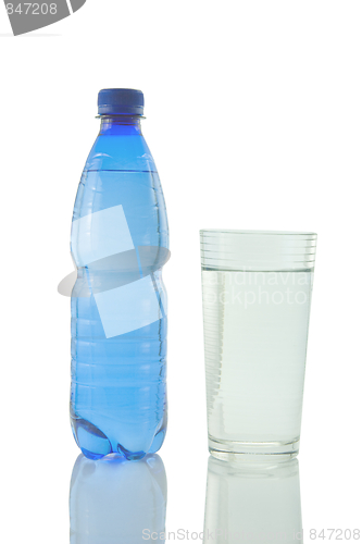 Image of Bottle and glass of mineral water reflected on white background