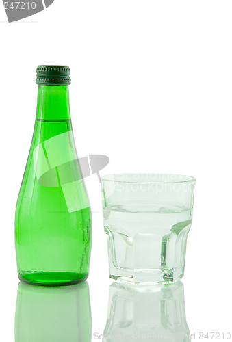 Image of Bottle and glass of mineral water reflected on white background