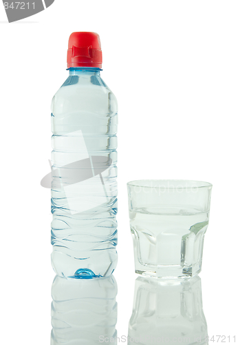 Image of Bottle and glass of mineral water reflected on white background