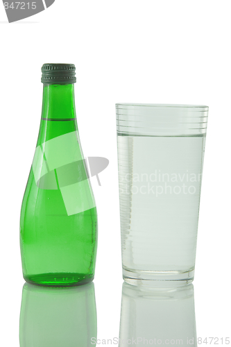 Image of Bottle and glass of mineral water reflected on white background