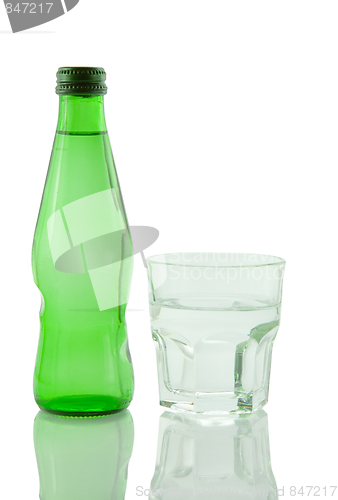 Image of Bottle and glass of mineral water reflected on white background