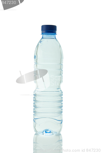 Image of A bottle of mineral water reflected on white background