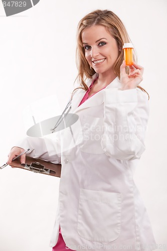 Image of Attractive caucasian blonde healthcare worker nurse doctor