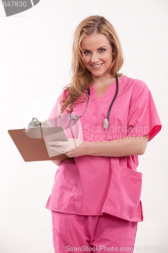 Image of Attractive caucasian blonde healthcare worker nurse doctor