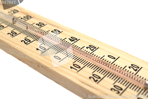 Image of Wooden thermometer on white background