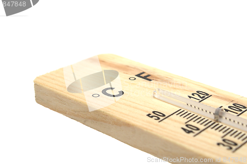 Image of Wooden thermometer on white background