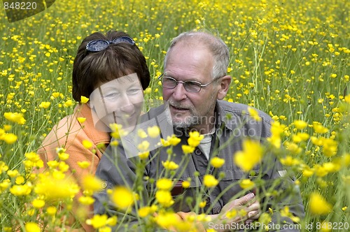 Image of Senior couple in a buttercup field