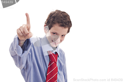 Image of small businessman, raising his hand with a finger in the air