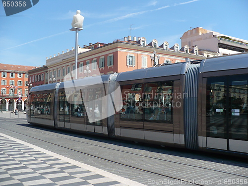 Image of France. French Riviera. Nice. Up-to-date tram on Place Massena  
