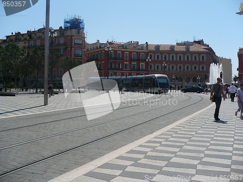 Image of France. French Riviera. Nice. Up-to-date tram turns on the Place Massena  