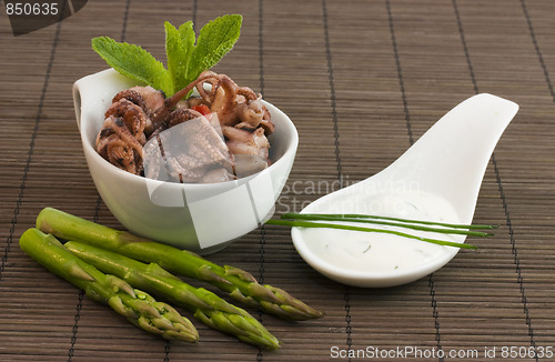 Image of octopus asparagus and tzatziki cream