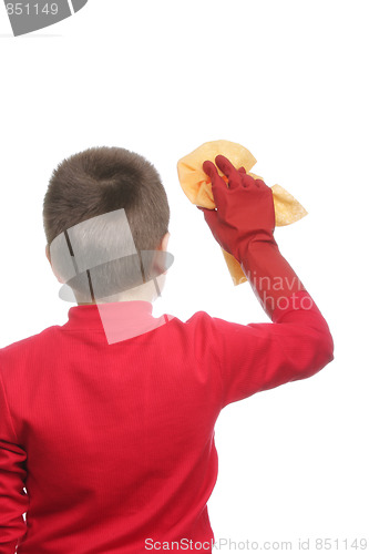 Image of Cleaner in red with duster turned back