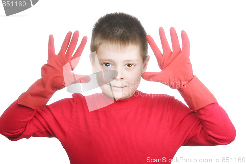 Image of Boy in red rubber gloves